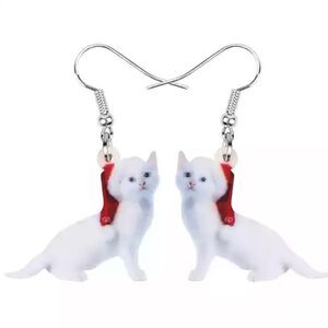 Christmas White Cat Earrings Santa Acrylic Lightweight Holiday Kitten